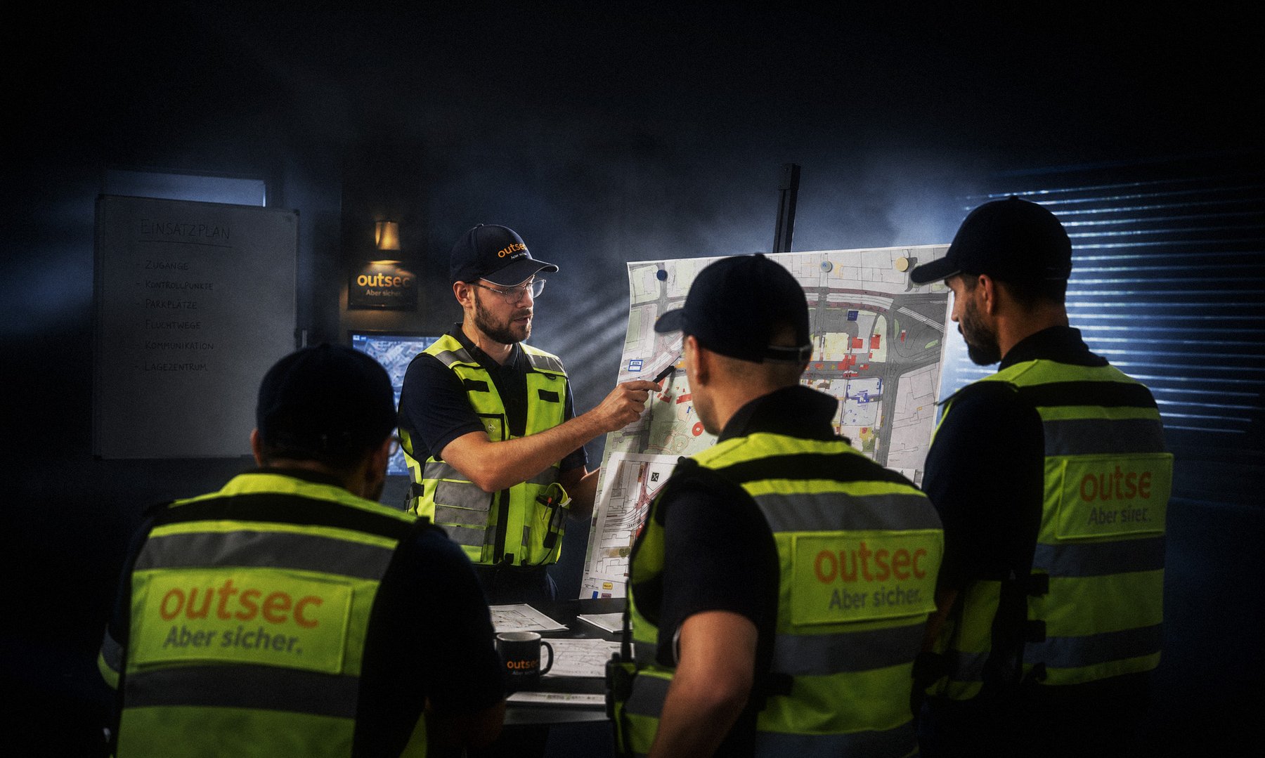 Outsec-Team beim Einsatzbriefing — vier Mitarbeitende vor dem Einsatzplan