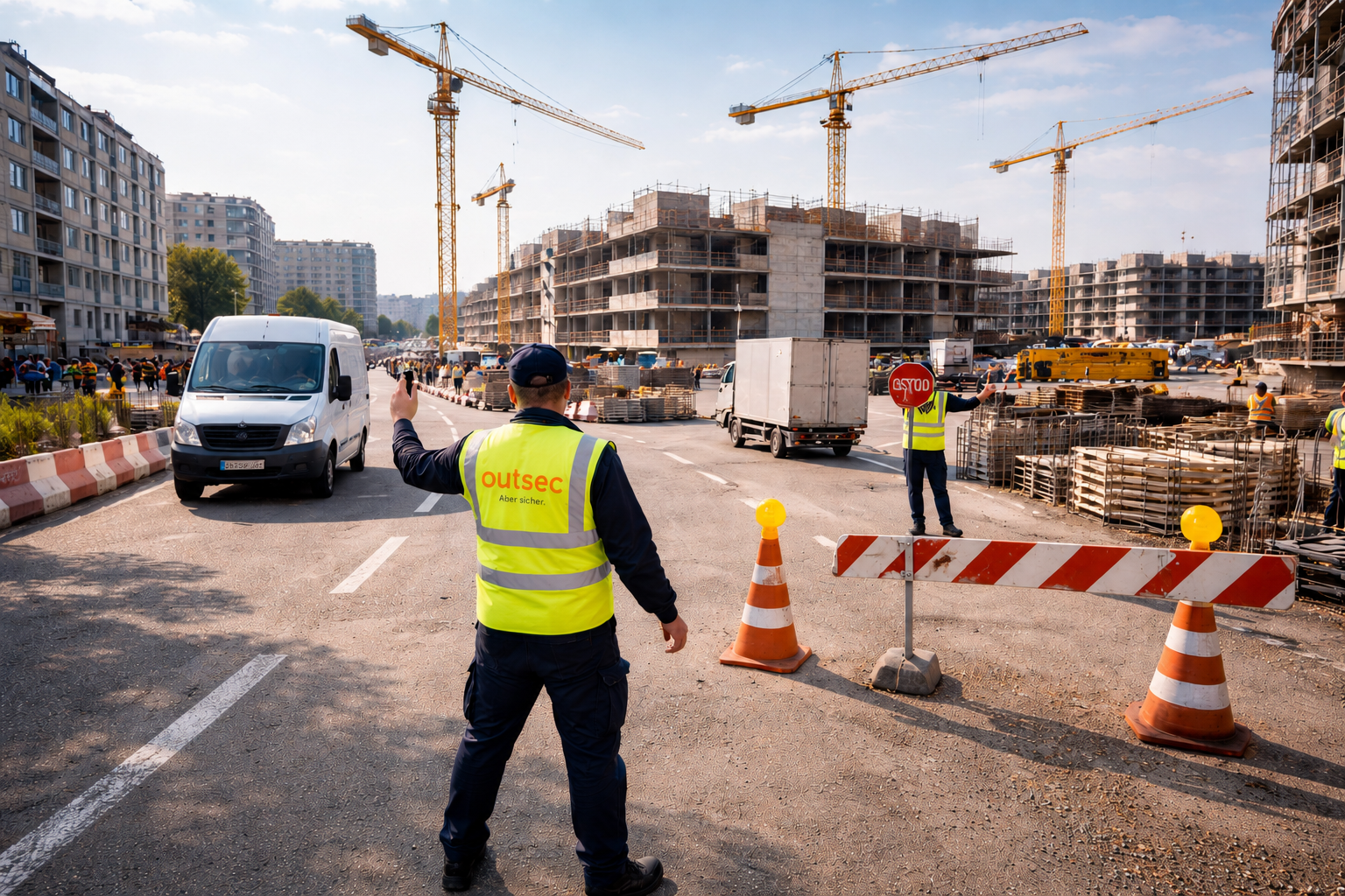 Outsec-Verkehrsdienst regelt den Verkehr an einer Baustelle