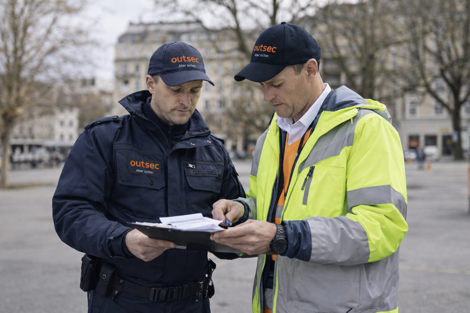 Zwei Outsec-Mitarbeitende bei der Firmenkontrolle mit Klemmbrett