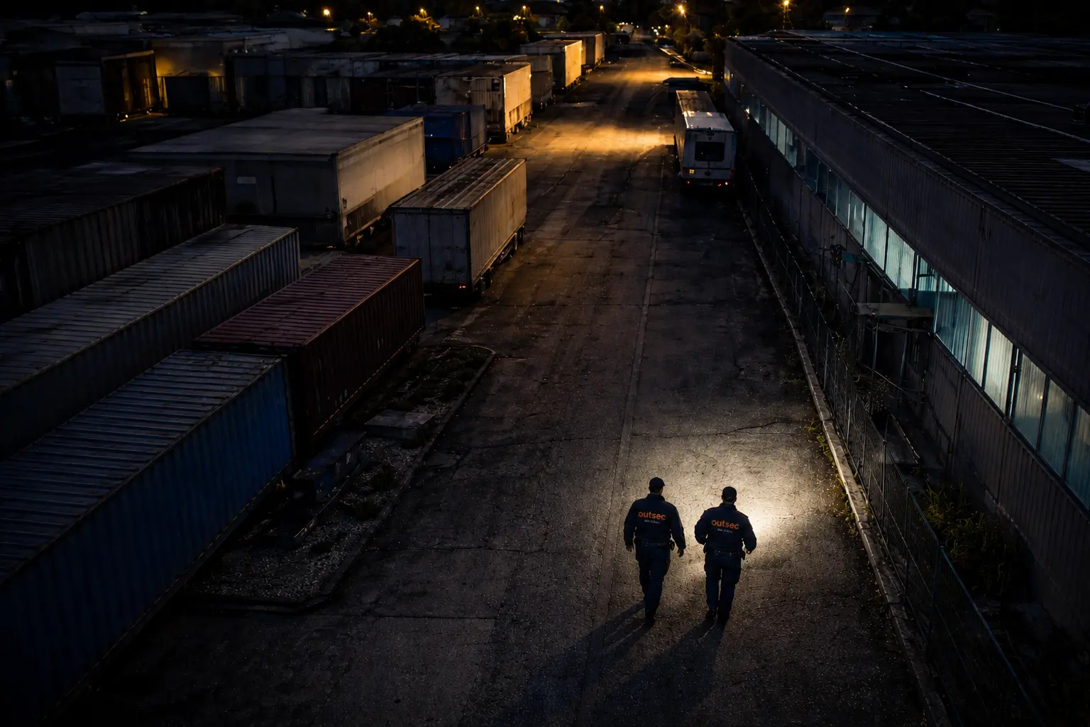 Outsec-Sicherheitsrundgang auf einem Industrieareal bei Nacht